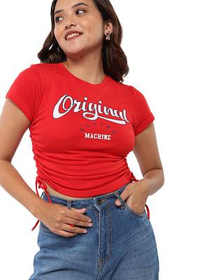red typographic print ruched t-shirt