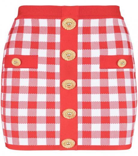 red vichy buttoned mini skirt