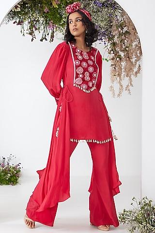 red viscose crepe embroidered tunic set