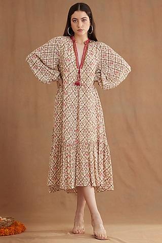 red viscose georgette printed & embroidered tunic dress