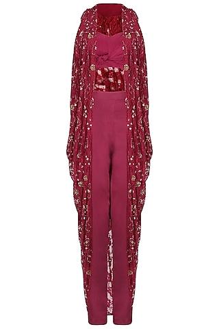 red wine embroidered cape with trouser pants and bustier set