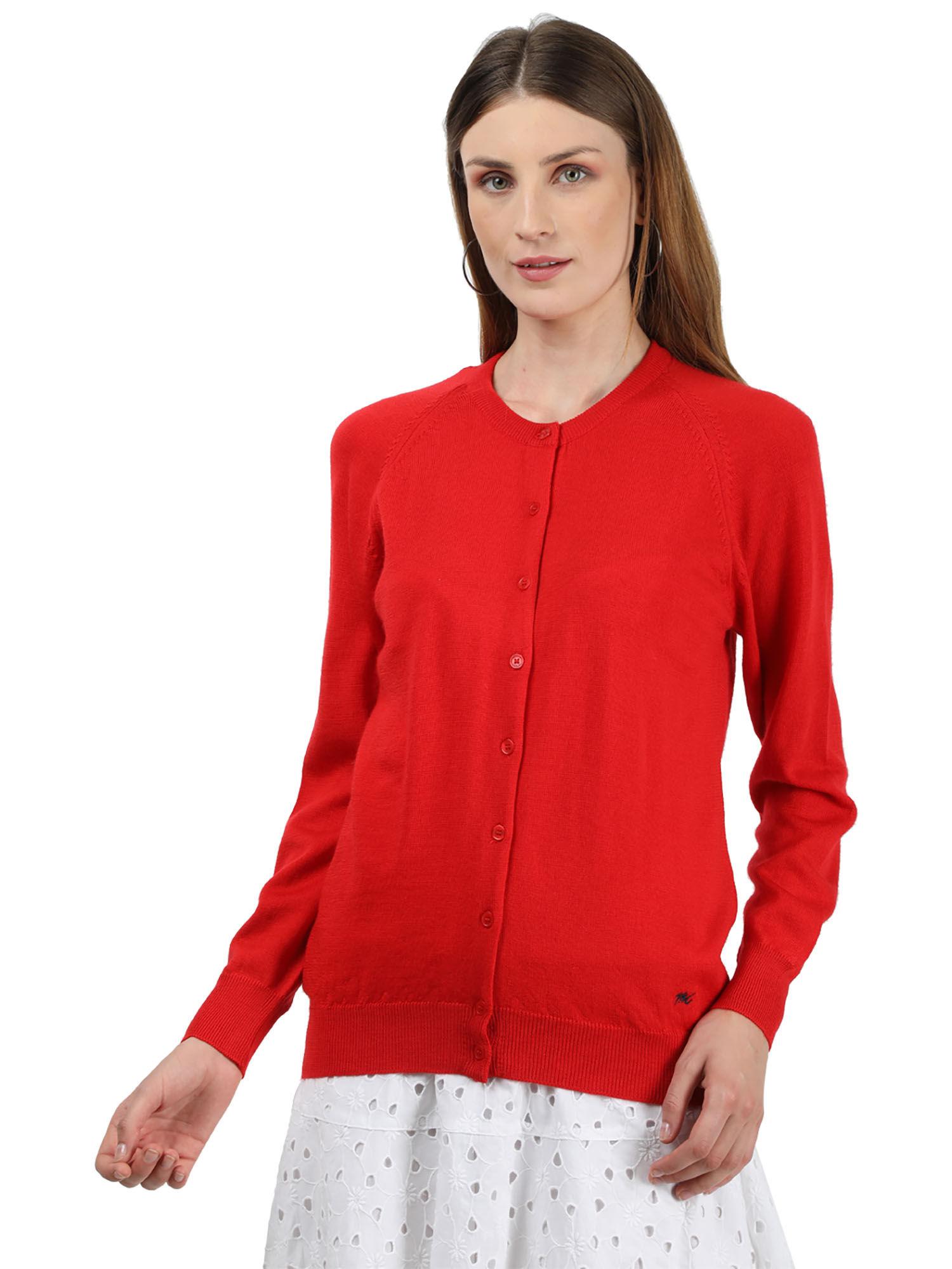red wool solid full sleeve cardigan