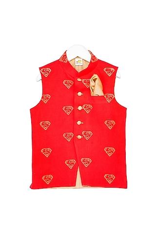 red zari embroidered nehru jacket for boys
