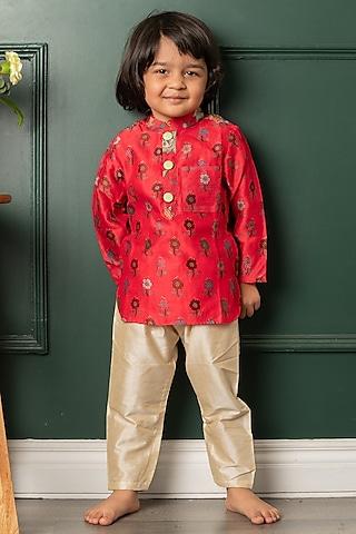 red & beige chanderi silk floral printed kurta set for boys