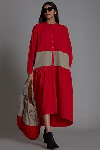 red & beige cotton color blocked shirt dress