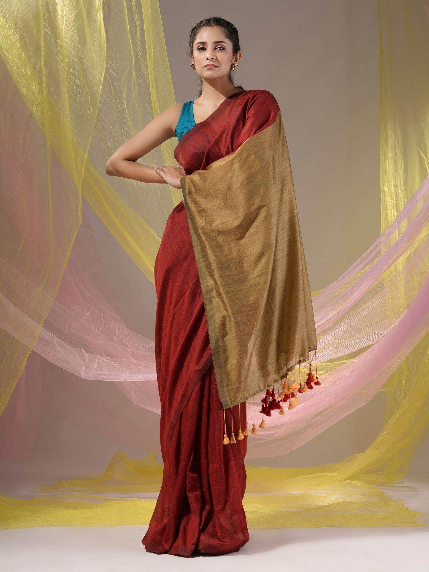 red & beige cotton colorblock handloom soft saree with unstitched blouse