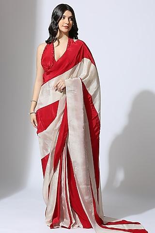 red & beige natural crepe color blocked saree set