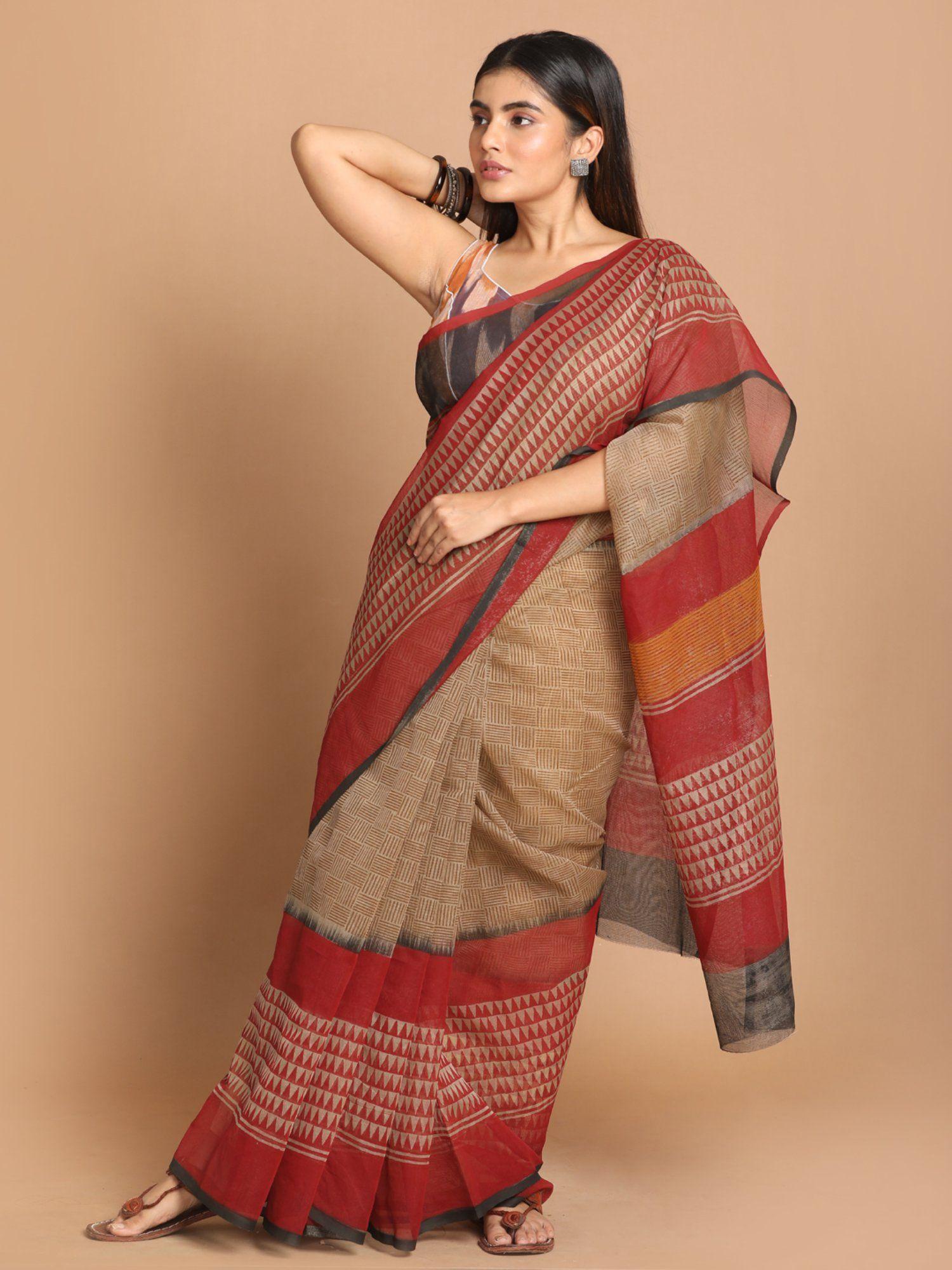 red & beige printed cotton blend saree with unstitched blouse