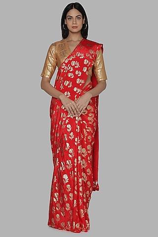 red & biege printed saree set