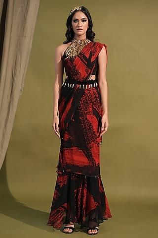 red & black chiffon printed saree set