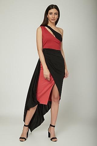 red & black draped dress