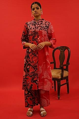 red & black handwoven pure chanderi printed a-line kurta set