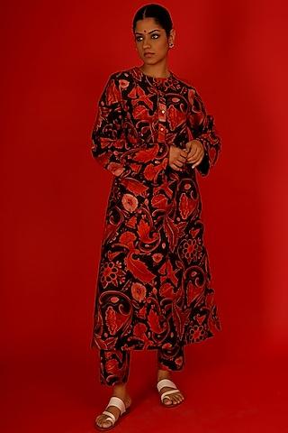 red & black pure banarasi silk digital printed handcrafted kurta set