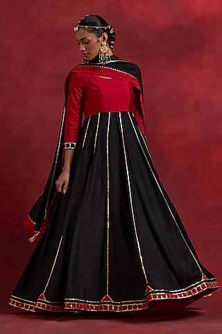 red & black raw silk gota work anarkali set