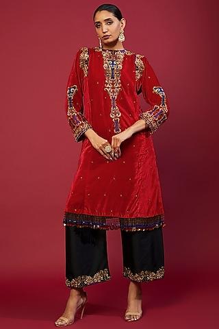 red & black velvet kashmiri kurta set