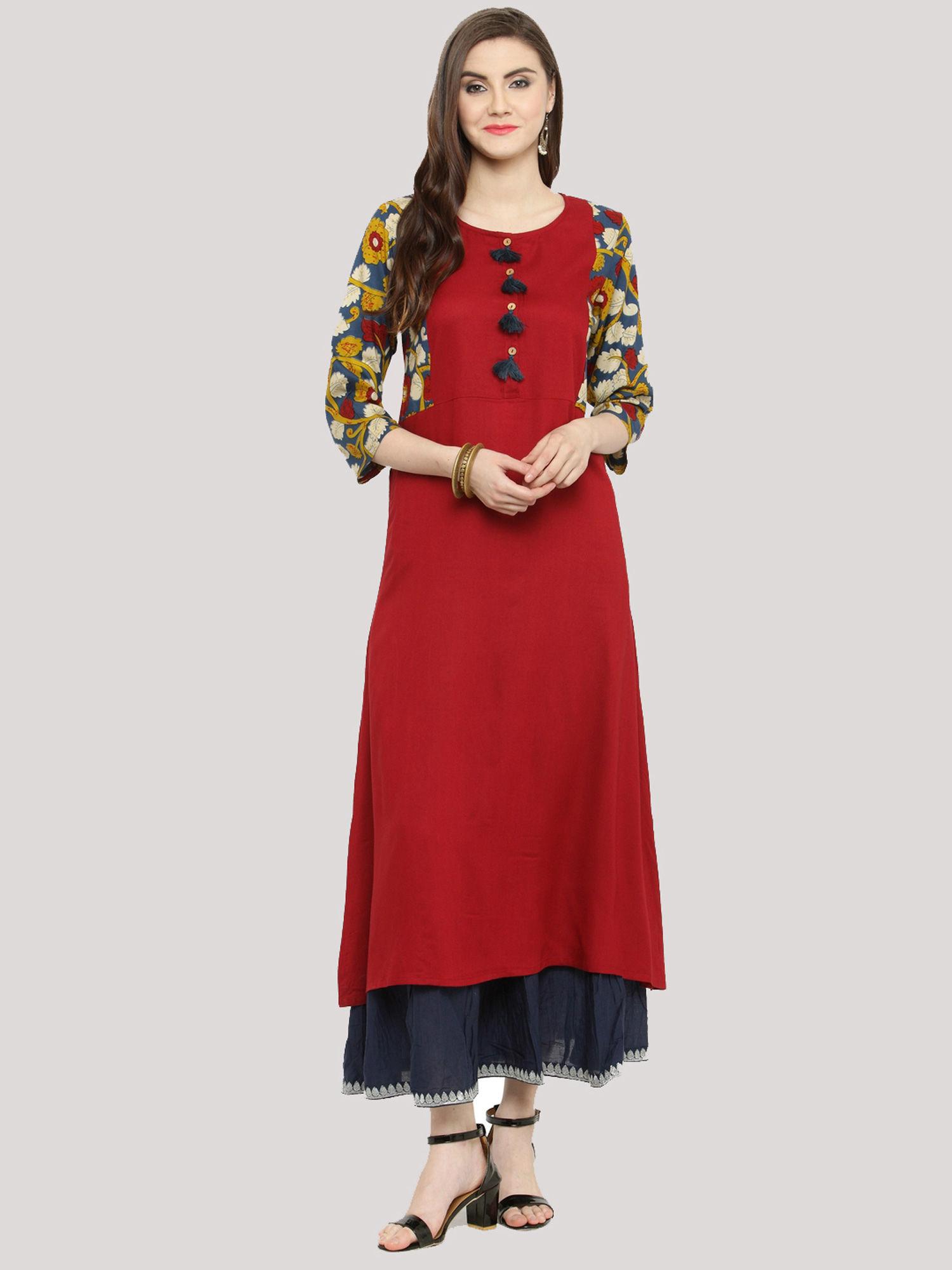 red & blue kalamkari hand block printed rayon kurta