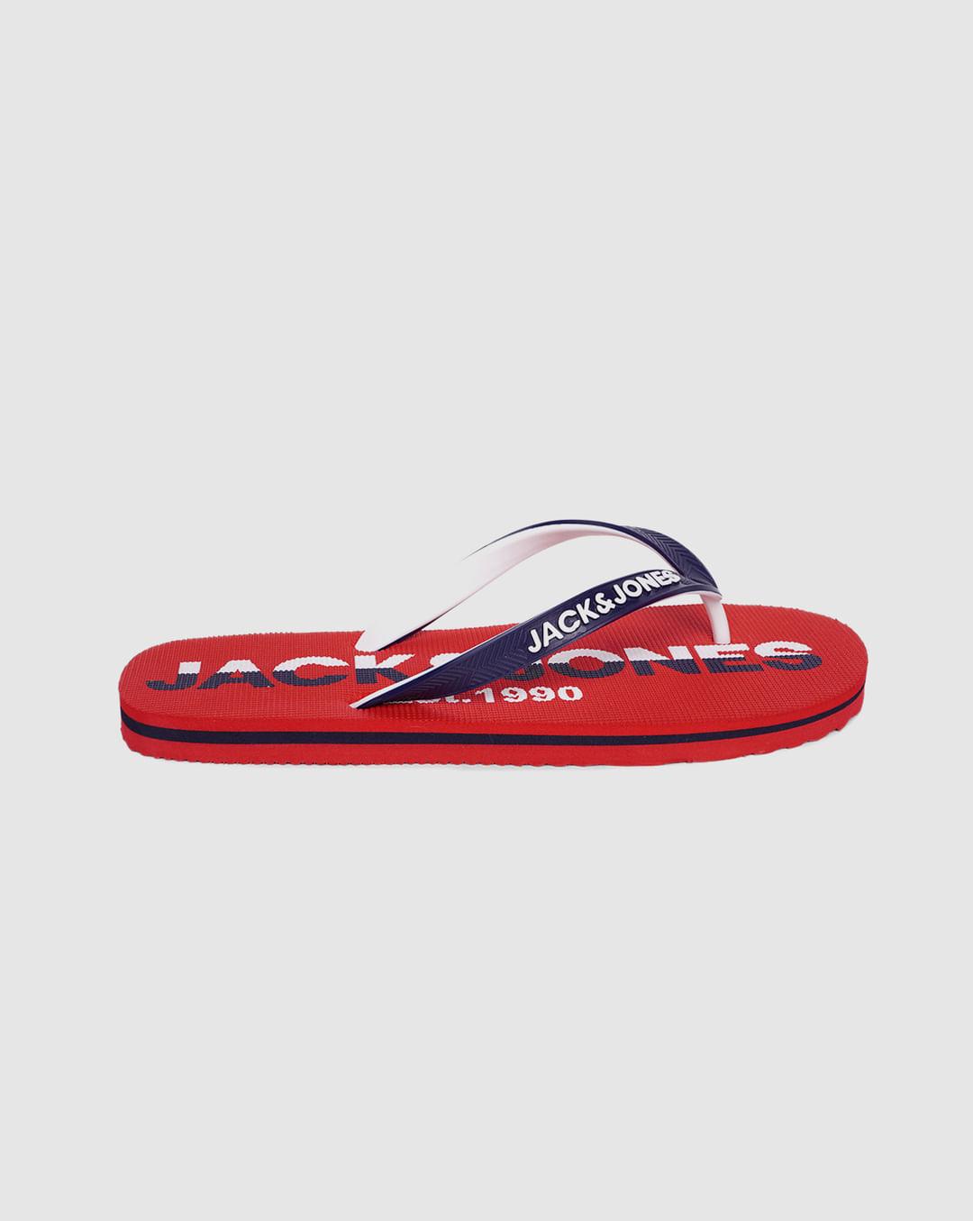 red & blue logo print flip flops