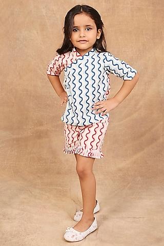 red & blue pure cotton printed co-ord set for girls