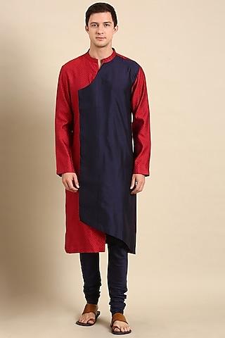 red & blue silk jacquard kurta set
