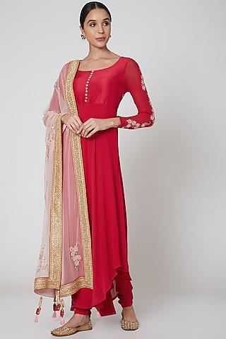 red & blush pink embroidered kurta set