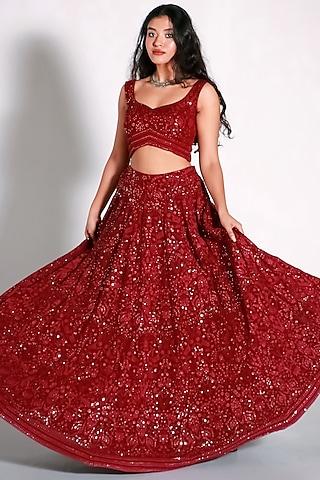 red & blush pink embroidered lehenga set