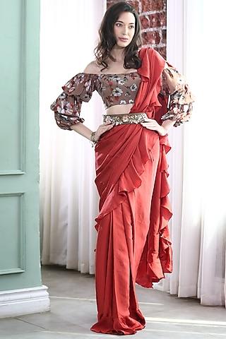 red & brown embroidered pre-stitched saree set
