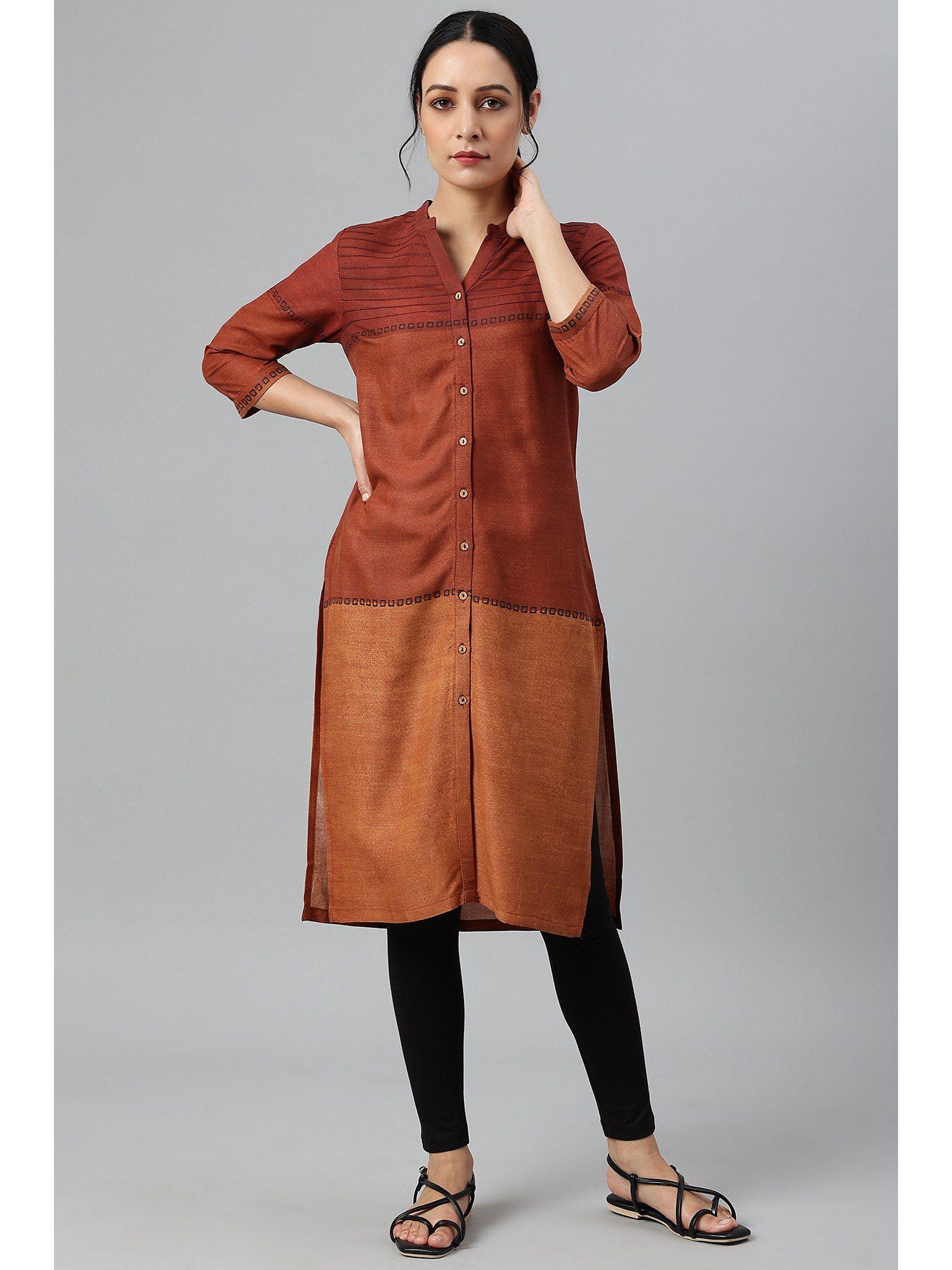 red & brown pintuck colour block kurta