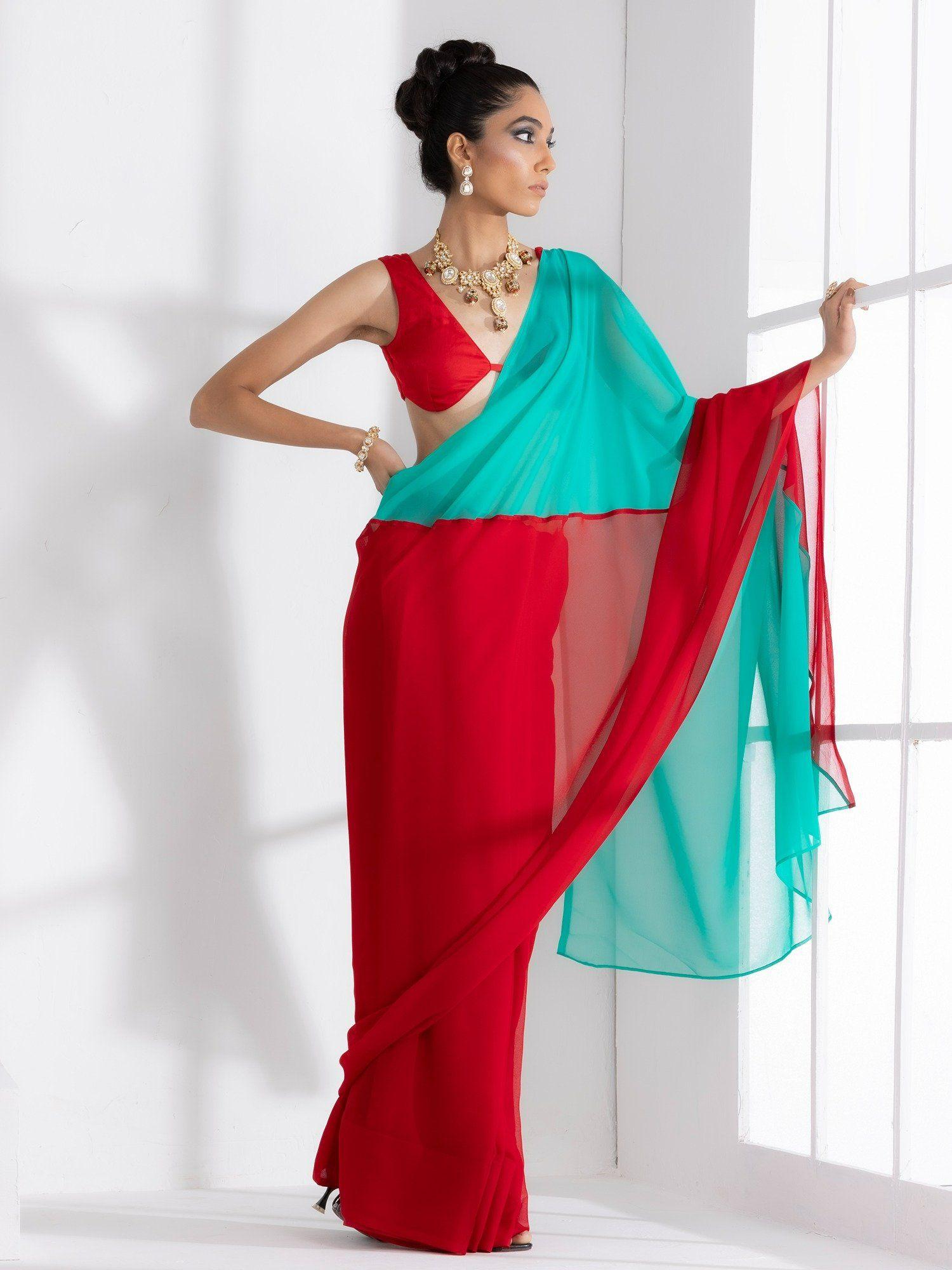 red & carribean triangle georgette saree with unstitched blouse