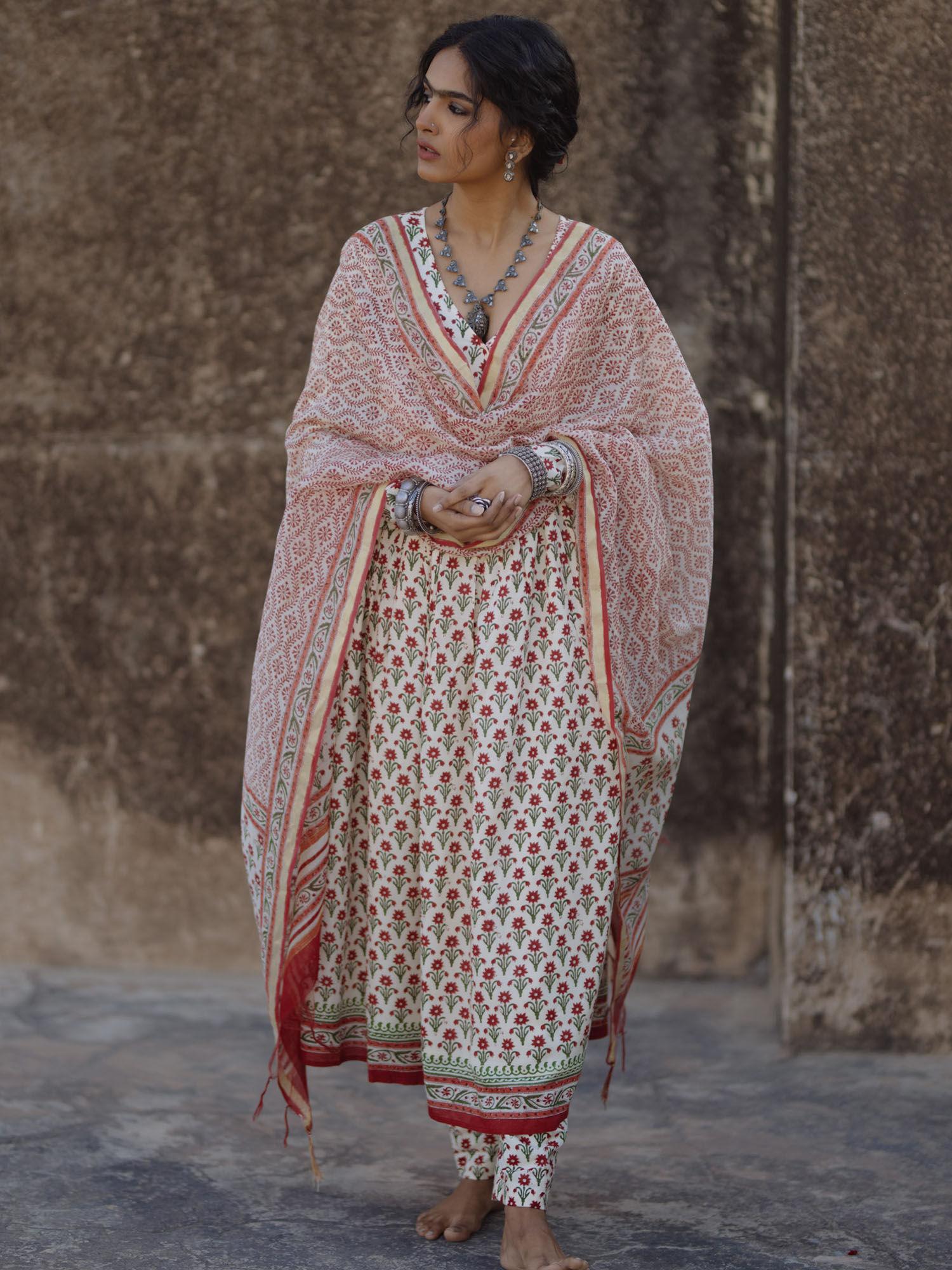 red & cream muslin handblock printed angrakha suit with printed dupatta (set of 3)