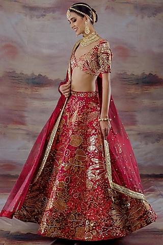 red & dark pink embroidered lehenga set