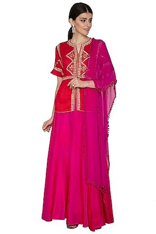 red & fuchsia embroidered lehenga set