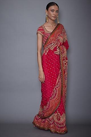 red & fuchsia embroidered saree set