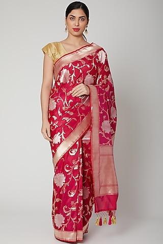 red & fuchsia handwoven floral saree set