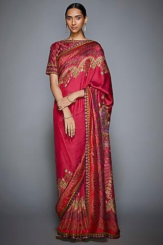 red & fuchsia printed embroidered saree set