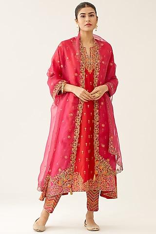 red & fuchsia silk thread embroidered kalidar straight kurta set