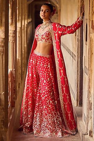 red & gold brocade thread embroidered jacket set