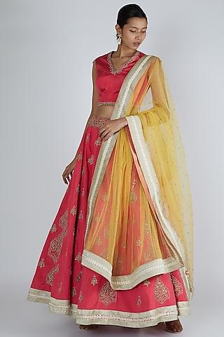 red & gold embroidered lehenga set