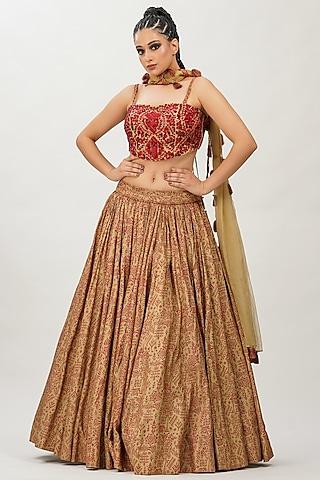 red & gold hand block printed lehenga set