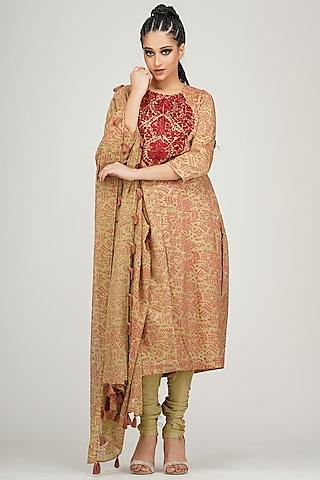 red & gold hand painted & embroidered kurta set