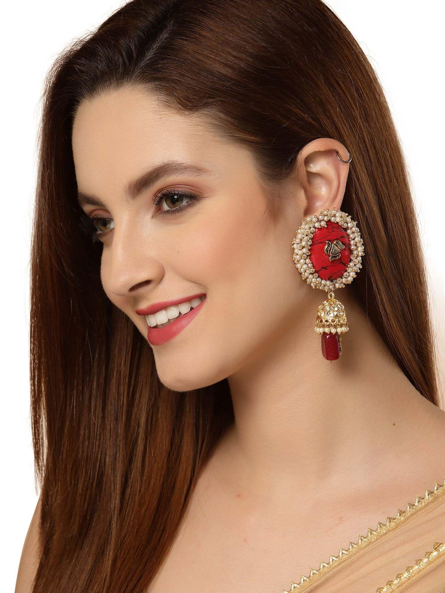 red & gold kundan jhumki earrings