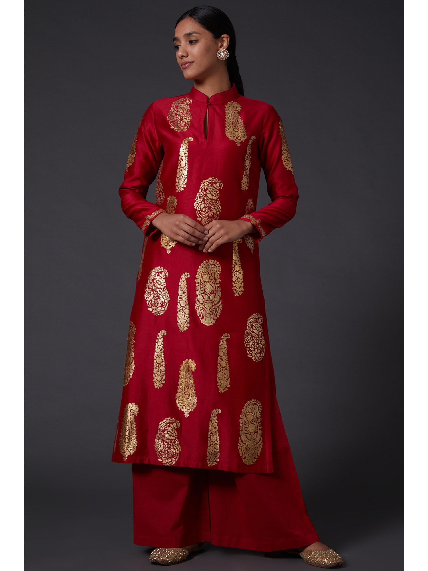 red & gold paisley block printed kurta with pants (set of 2)