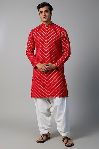 red & gold polyester viscose herringbone kurta set