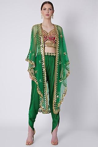 red & green embroidered dhoti set
