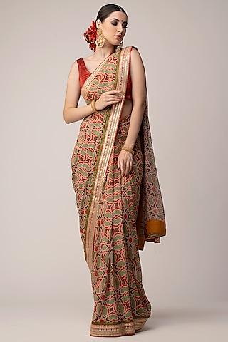 red & green georgette ajrakh printed & embroidered saree set
