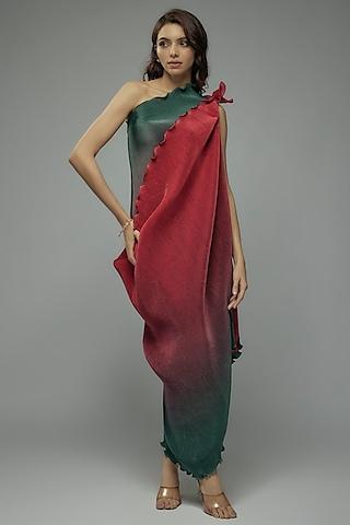 red & green ombre pleated polyester boota embroidered draped tunic