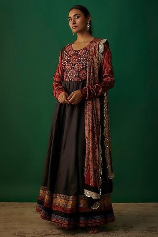 red & grey silk hand embroidered ajrakh anarkali set