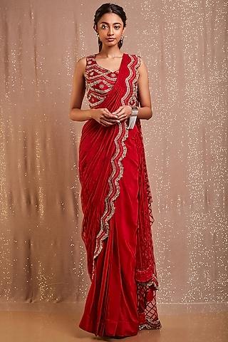 red & grey striped pre-stitched saree set