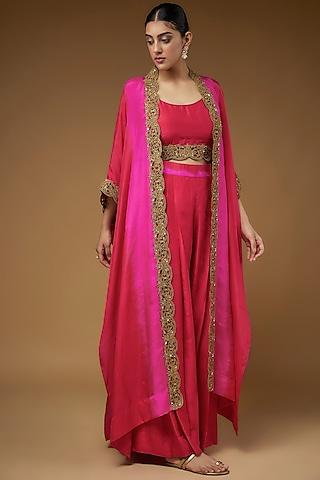 red & hot pink habutai silk embroidered cape set