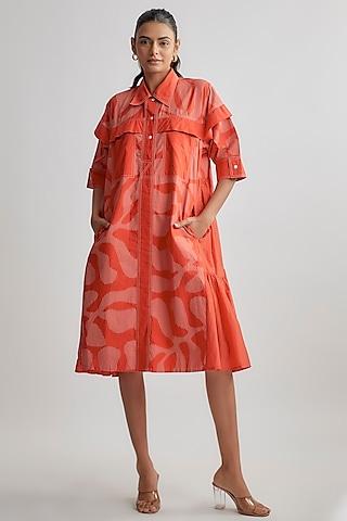 red & ivory cotton printed shirt dress