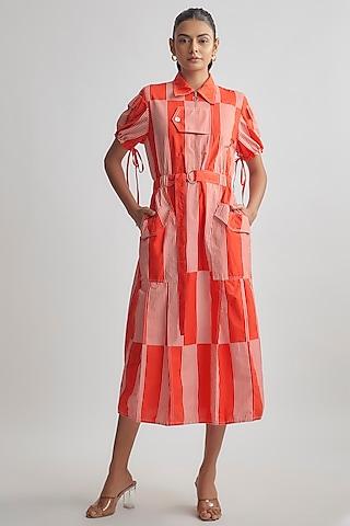 red & ivory cotton striped shirt dress